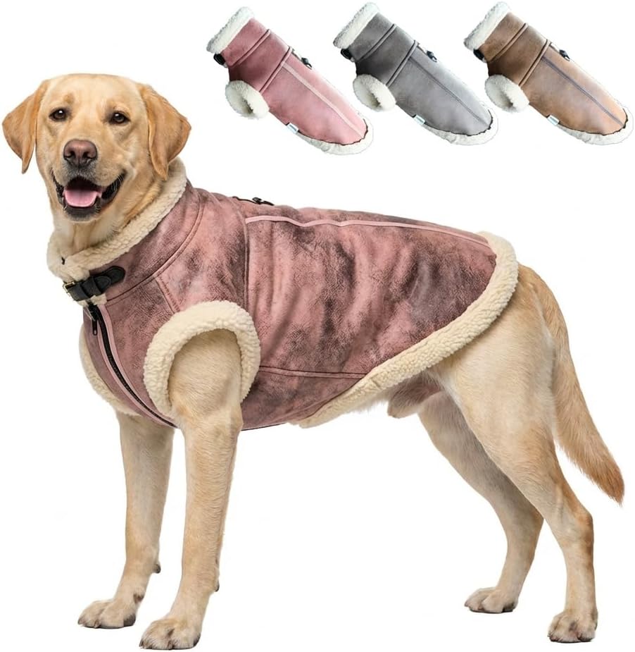 Retro Aviator Dog Jacket – Faux Leather Winter Coat with Plush Sherpa Fleece Lining for Bulldog - Pink / XXX-Large