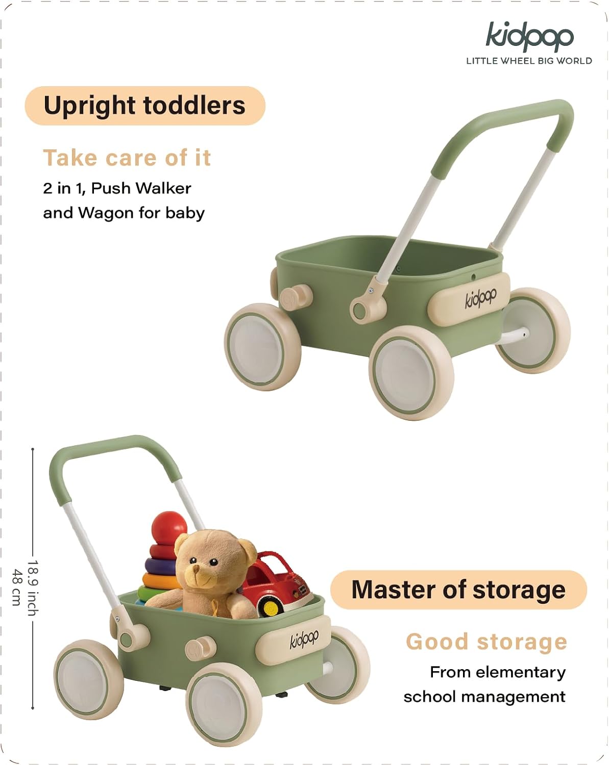 PULA Baby Push Walker with Wheels Toddler Wagon for First Learner - Green - image 3