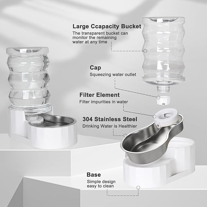 RIZZARI Large Gravity Water Dispenser: 8L Automatic Dog Water Feeder with Stainless Steel Bowl for Multiple Pets
