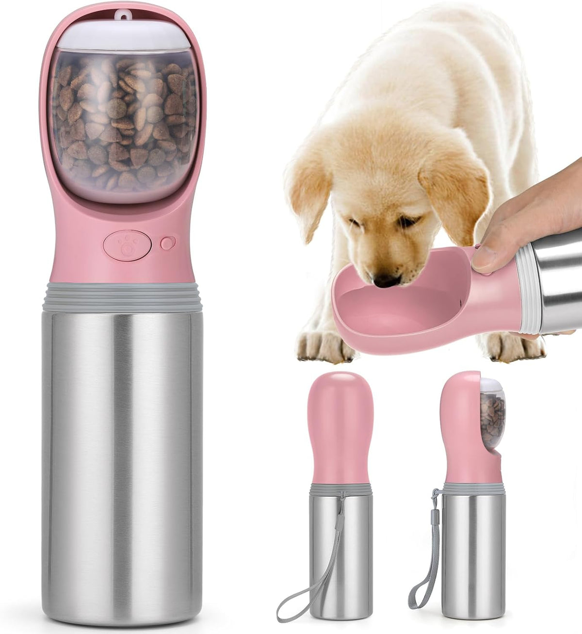 Portable Dog Water Bottle - Food container - Button switch / 14 OZ - Pink