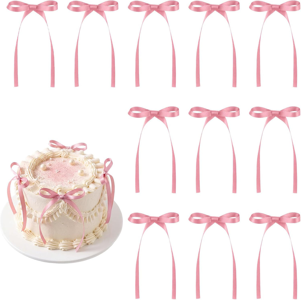 30 Pack Bow Cake Toppers Black Ribbon Bows for Cake Halloween Party - Rose Pink