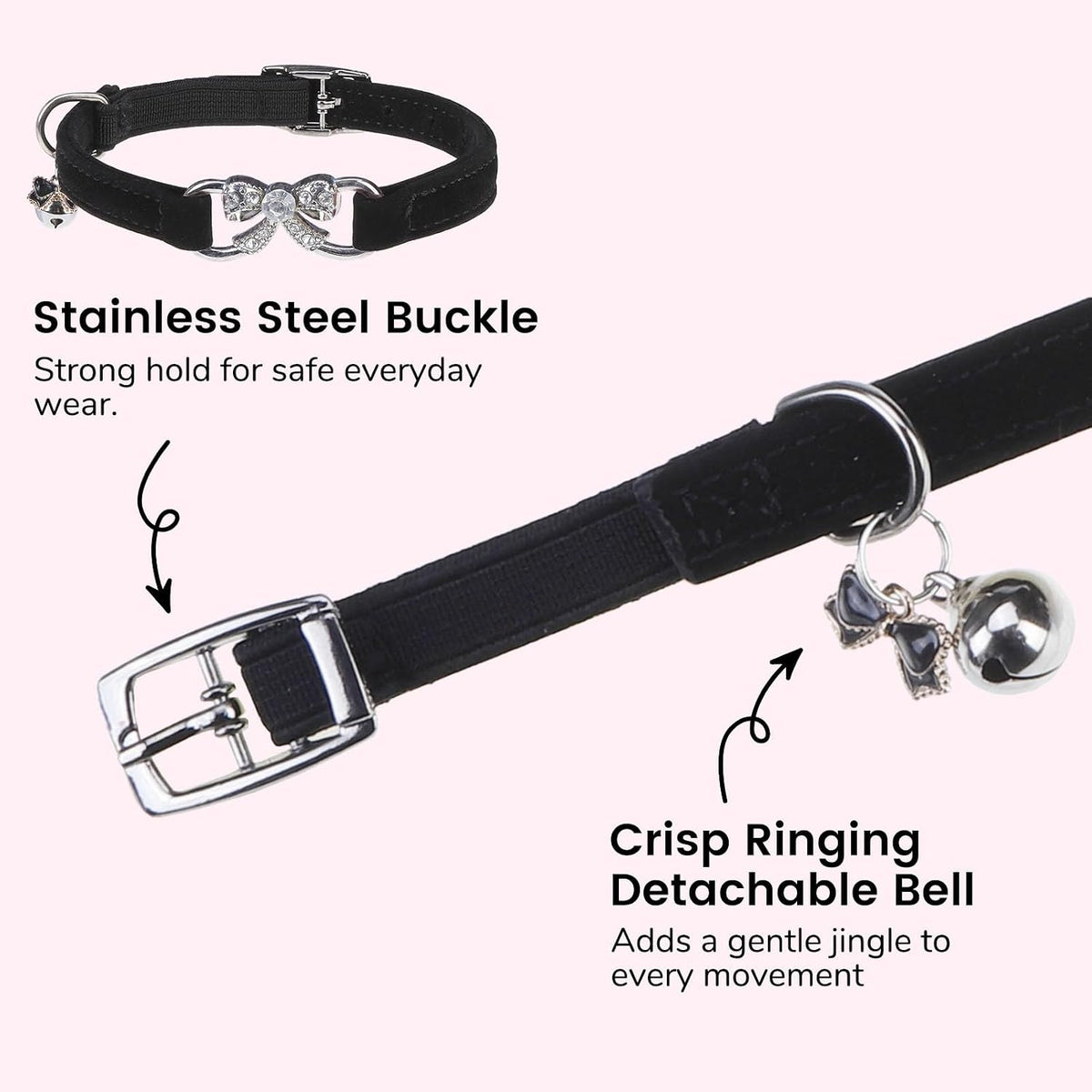 BINGPET Diamond Cat Collar with Bell, Adjustable Kitten Collar - Black(Bowknot) / Neck Girth 8"-10" - image 4