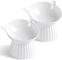 Ceramic Raised Cat Bowl，Tilted Raised Cat Bowl Anti Vomit Cat Bowls - White-2 Pack