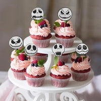 12 black glitter Halloween bat cupcake toppers in 4 patterns on cupcakes - view 26