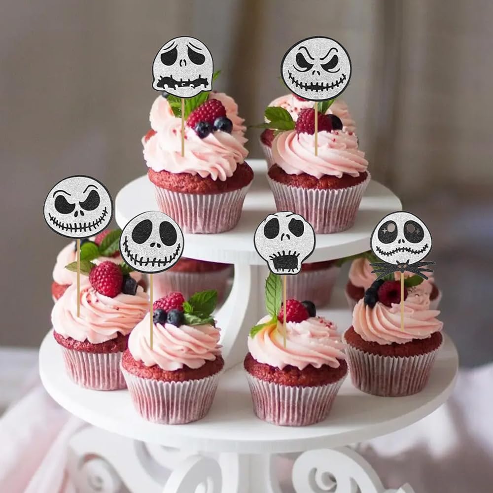 12 black glitter Halloween bat cupcake toppers in 4 patterns on cupcakes - view 26