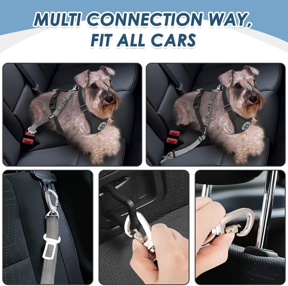 SlowTon Dog Seatbelt, 2 Pack Adjustable Heavy Duty Dog Safety Seat Belt – Essentials for Dogs - Grey / Seatbelt Clip + Carabiner - image 2