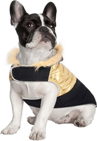HDE Dog Puffer Jacket Fleece Lined Winter Coat & Harness Hole NVY - Medium / 90s Black and Gold Metallic - image 2