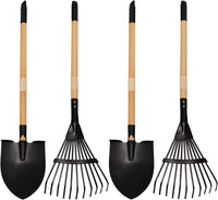 7PCS Kids Gardening Tools, Long Shovel, Rake for Leaves, Spade - 2pcs Rakes & 2pcs Shovels