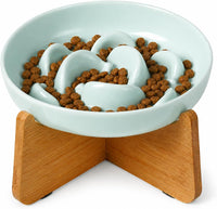 Melamine Slow Feeder Cat Bowls, Dishwasher Safe - Blue + Bamboo Base / 7"H