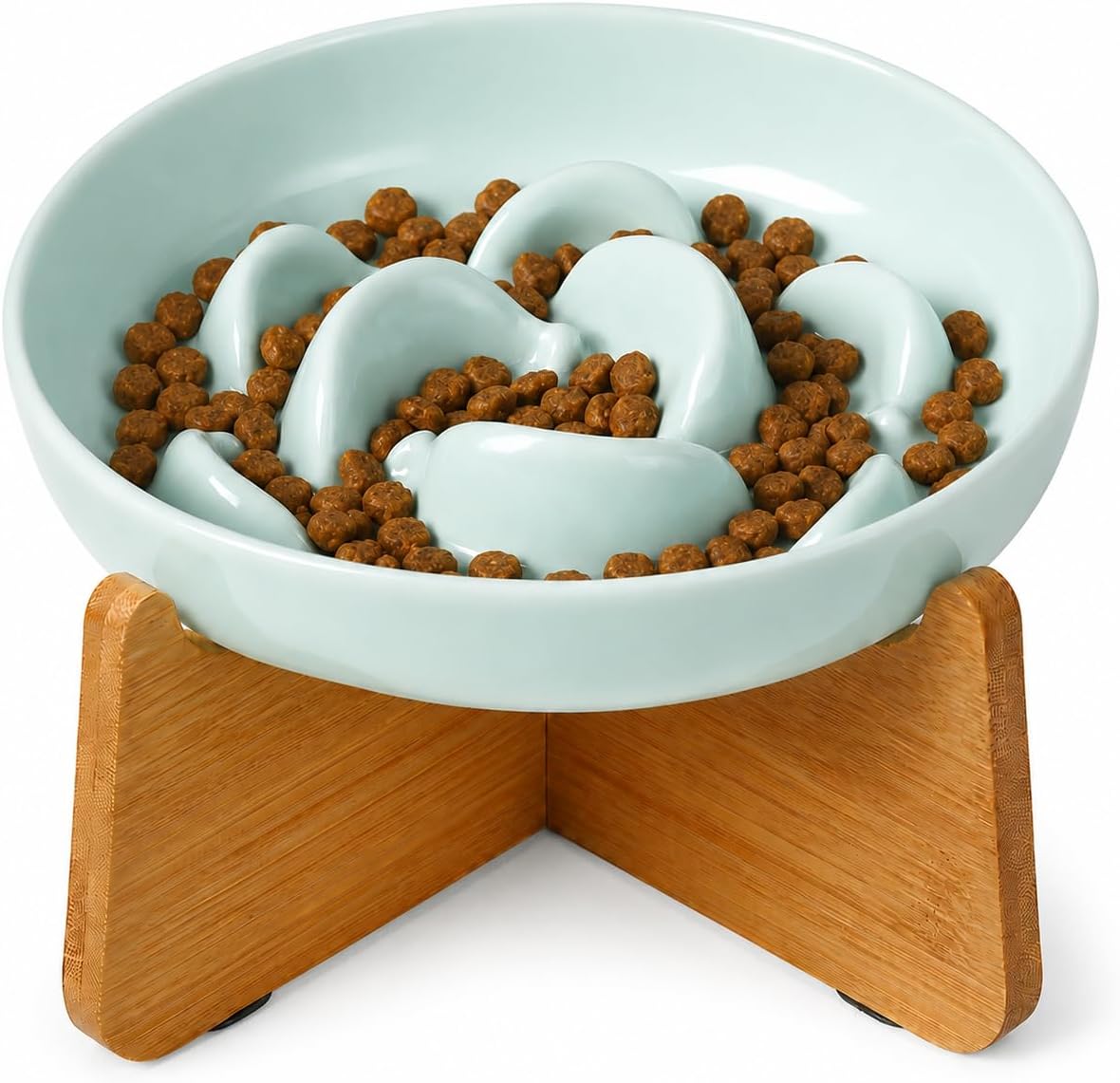 Melamine Slow Feeder Cat Bowls, Dishwasher Safe - Blue + Bamboo Base / 7"H