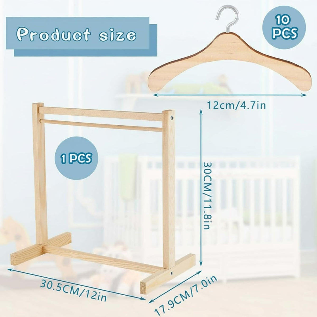 1 Set Doll Garment Rack with 10 Pcs Hangers Clothes Organizer - Wood / 22 - image 2