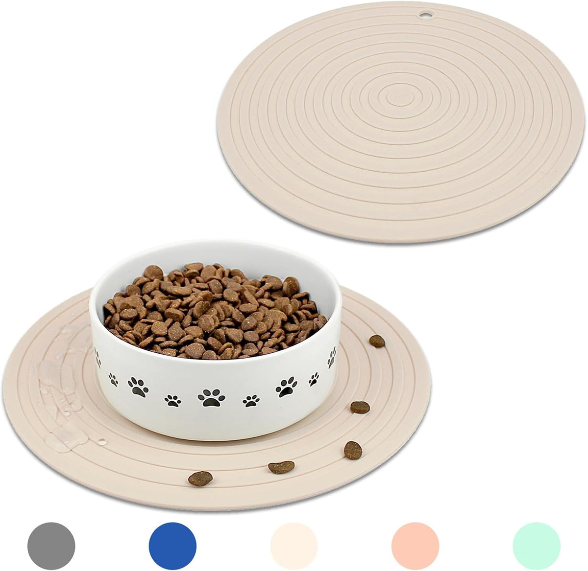 Pet Food Mat for Dog and Cat Placemat 2 Pcs - 9.5"L x 9.5"W / Beige