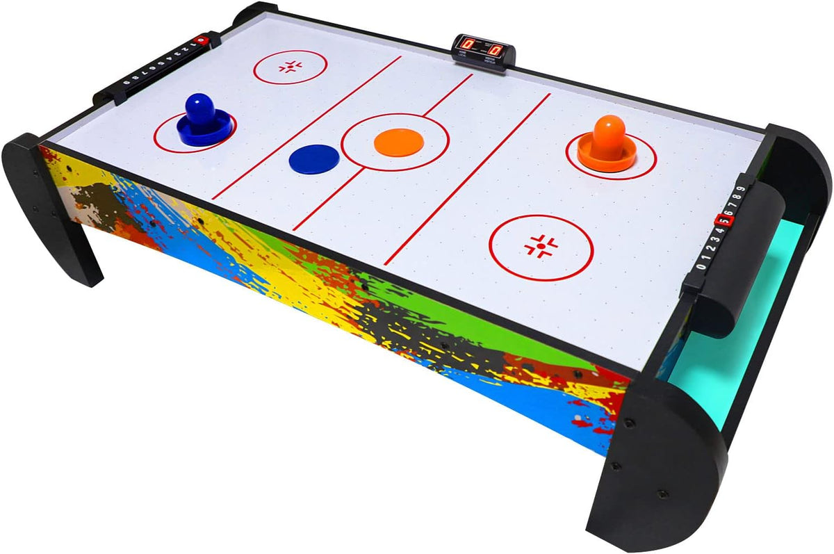 GOOSO 38 inch tabletop air hockey table for kids in green and black with LED scoring
