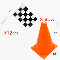 YOELVN race car party cones, six orange 7 inch traffic cones holding checkered flags - view 28