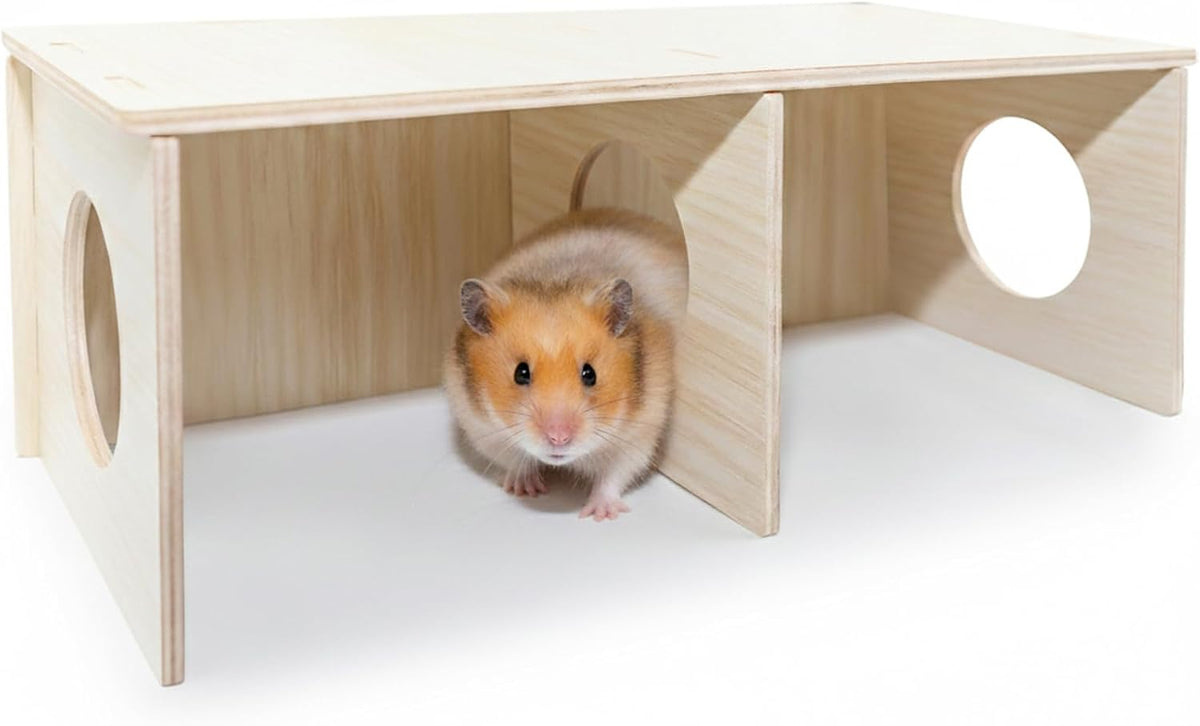 Hamster Peep Tunnel, 2-Chamber Wooden Hamster Hideout - Large for Syrian Hamster