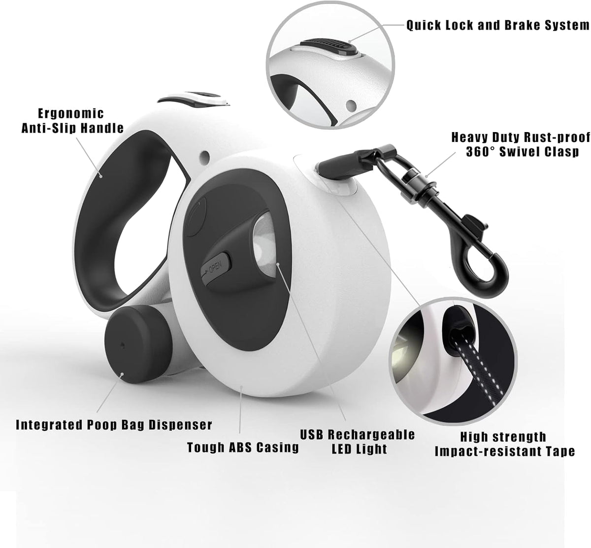 4-in-1 Retractable Dog Leash with LED Light & Dispenser & Poop Bags – Essentials for Dogs - Large - image 2