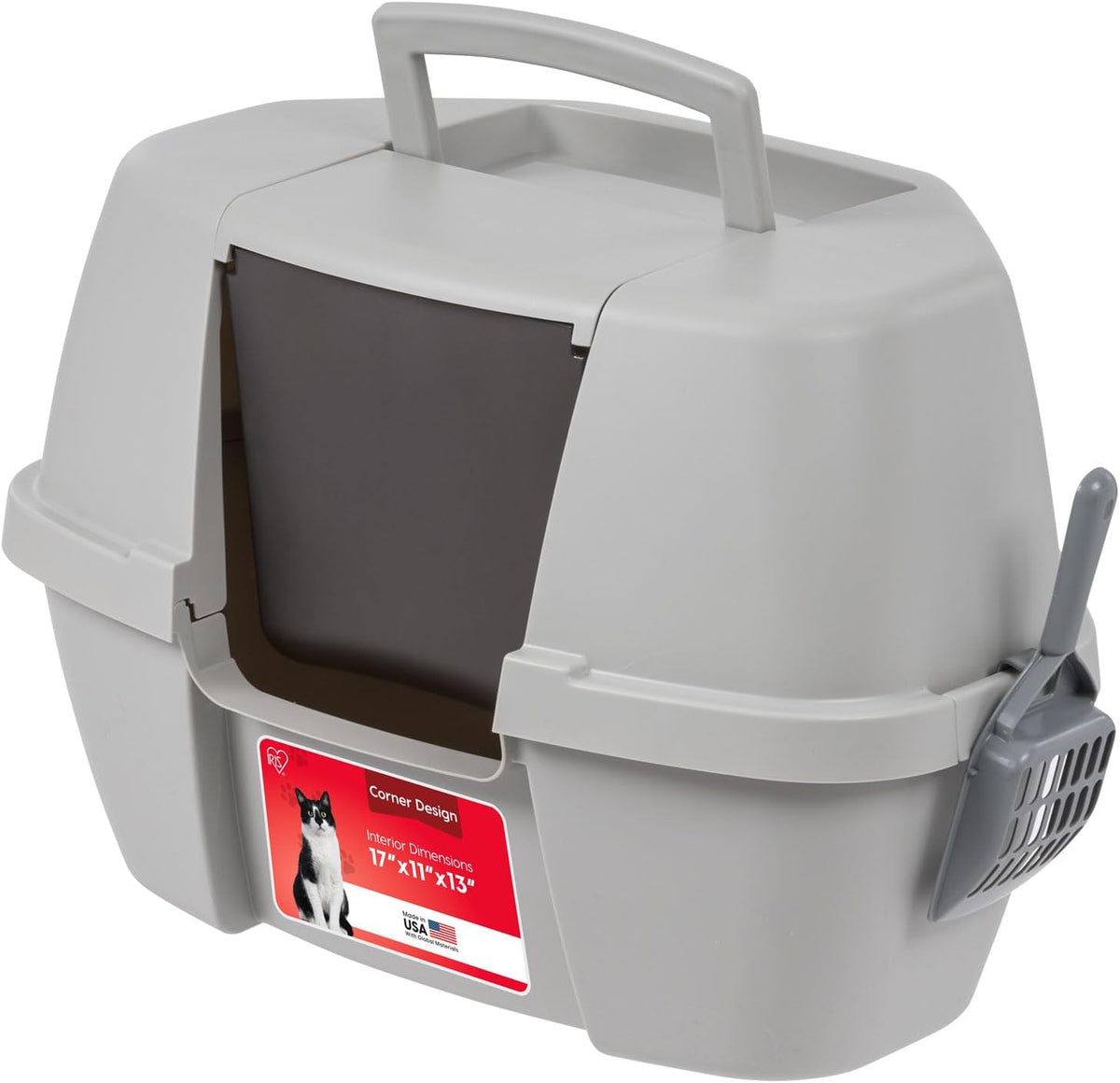 IRIS USA Large Front Door Cat Litter Box, Walk-in Entry - Corner Enclosed / Gray