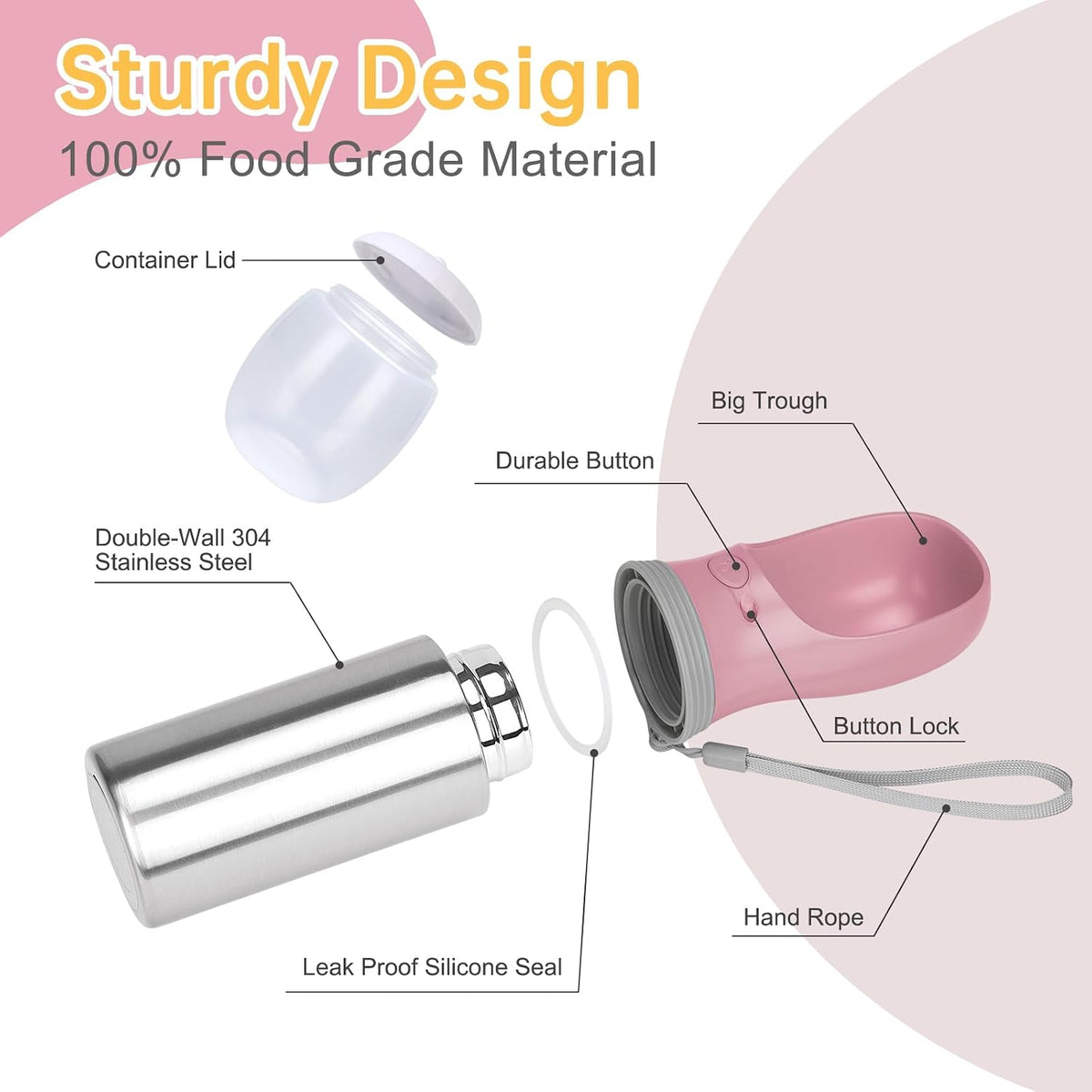 Portable Dog Water Bottle - Food container - Button switch / 14 OZ - Pink - image 2
