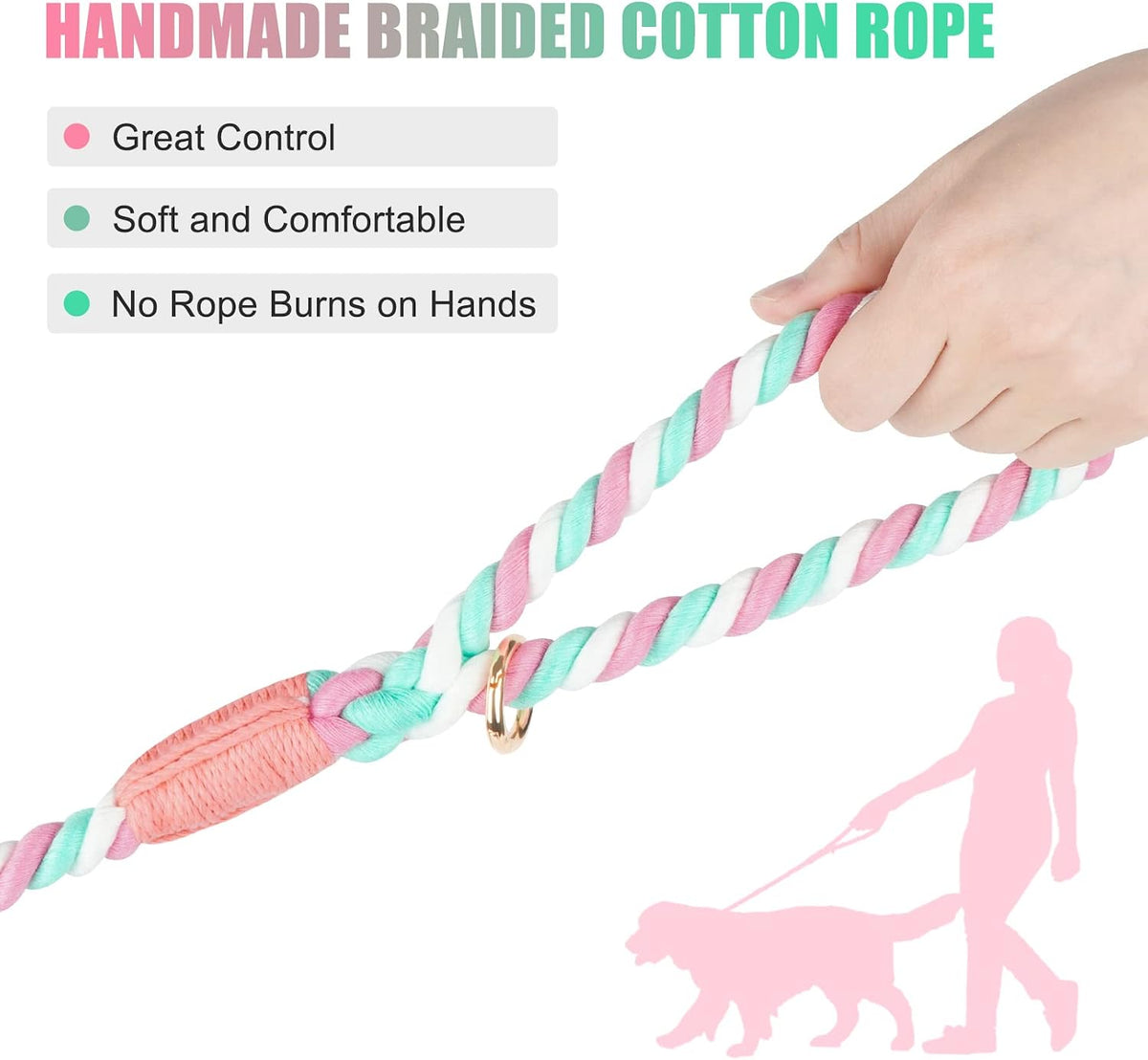 5 FT Handmade Rope Dog Leash for Small Medium and Large Dogs – Essentials for Dogs - 6FT x 1/2in (Pack of 1) / Cherry Blossom Pink - image 3