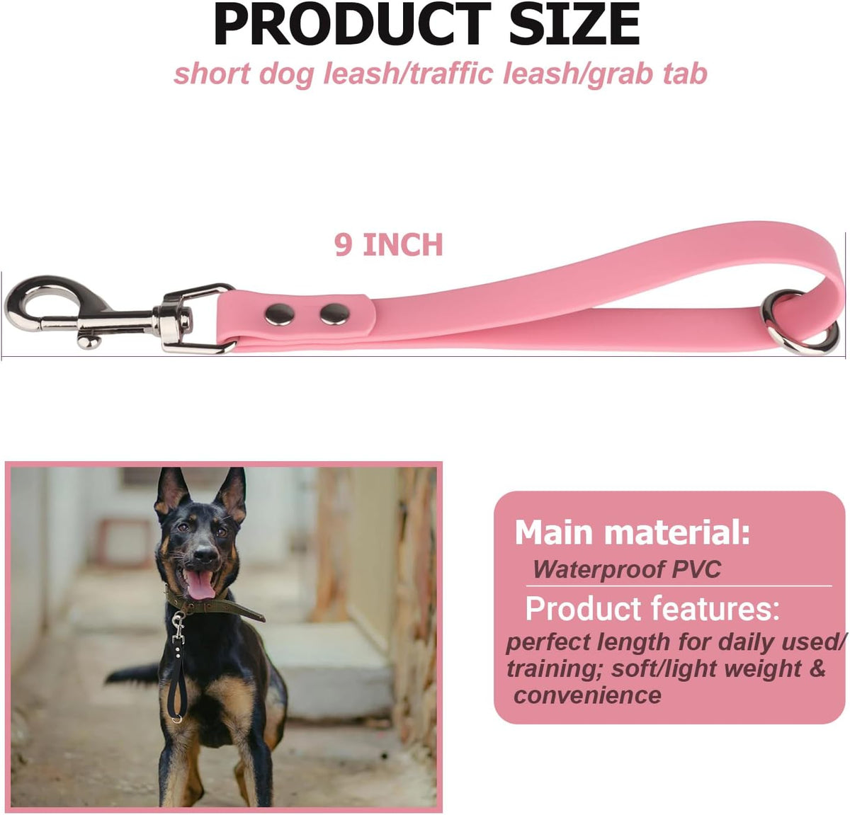 Short Dog Leash - 9 Inch Dogs Lead Grab Tab Heavy Duty Waterproof PVC Dog Training Traffic Leashes - 9'' / Light Pink - image 2