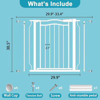 29.9-33.4 in Wide Baby Gate for Stairs Doorways, Auto Close Child Safety Gates Indoor for Dogs Pets, Pressure Mounted Metal Barrier Kids Toddler Door Walk Through, 30" Tall, White