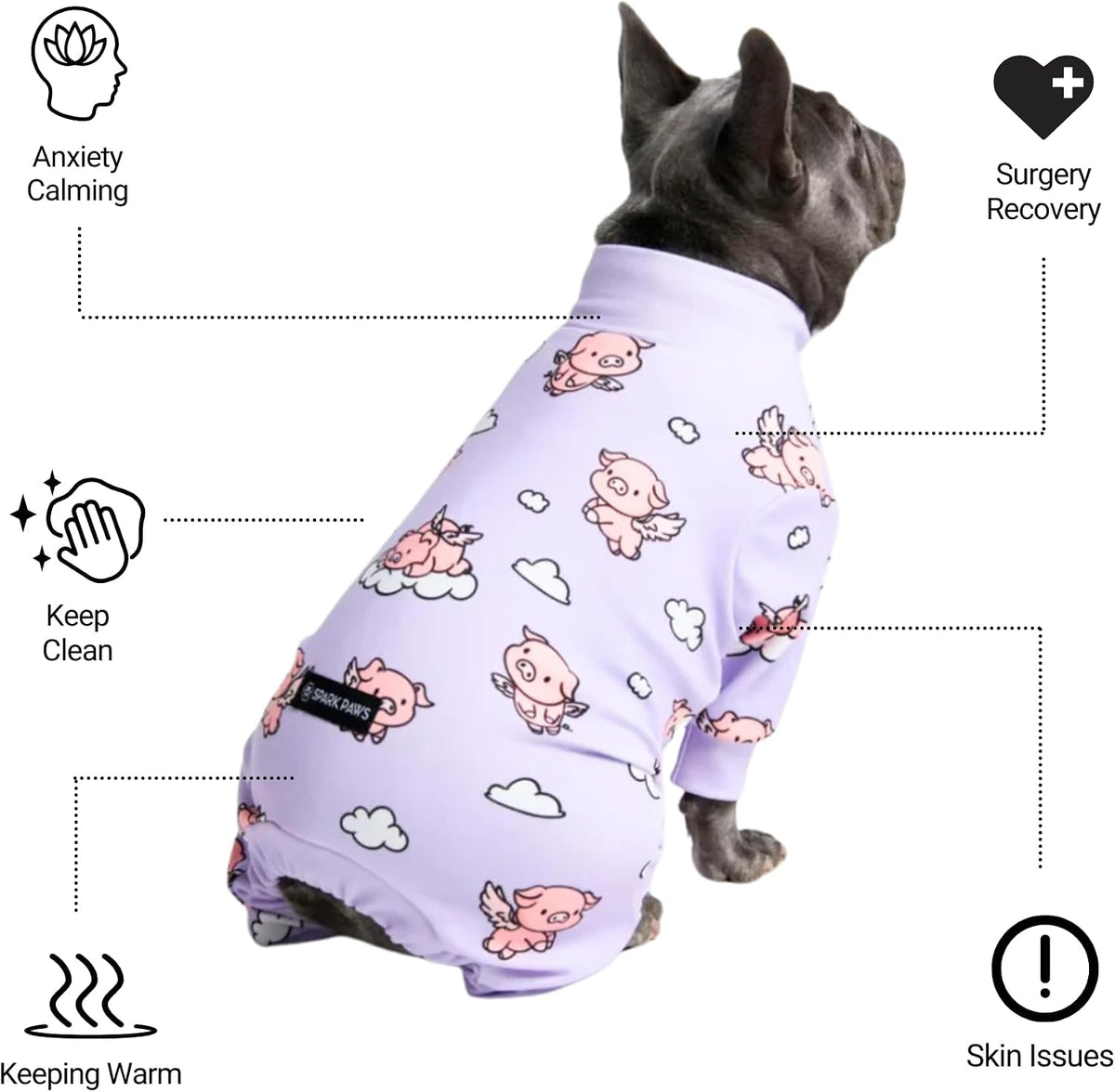Spark Paws Dog Pajamas - Stretch Onesie Recovery Full Leg Surgery Suit PJS – Essentials for Dogs - When Pigs Fly - Purple / 3XL - image 4