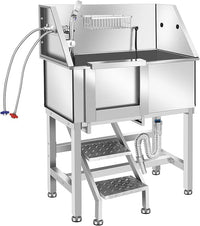 Professional Stainless Steel Dog Bathing Station, Dog Grooming Tub, with Stairs, Floor Grate & Faucet for Dog Bathtub for Large, Medium & Small Pets,34" L-RAMP