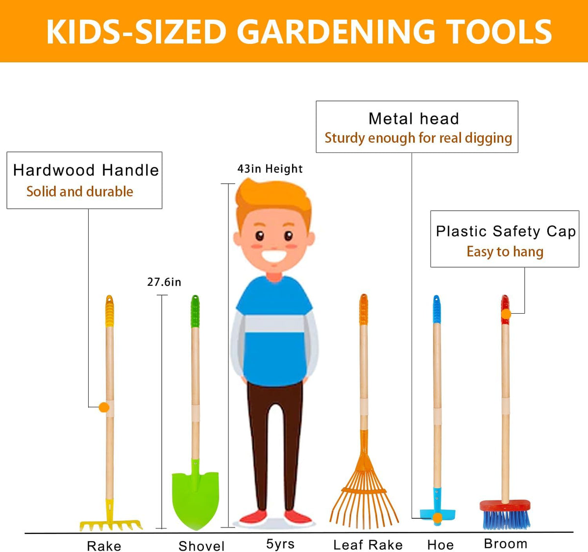 POMIKU 8 piece kids gardening tools set with rake, shovel, spade, hoe and broom - view 4