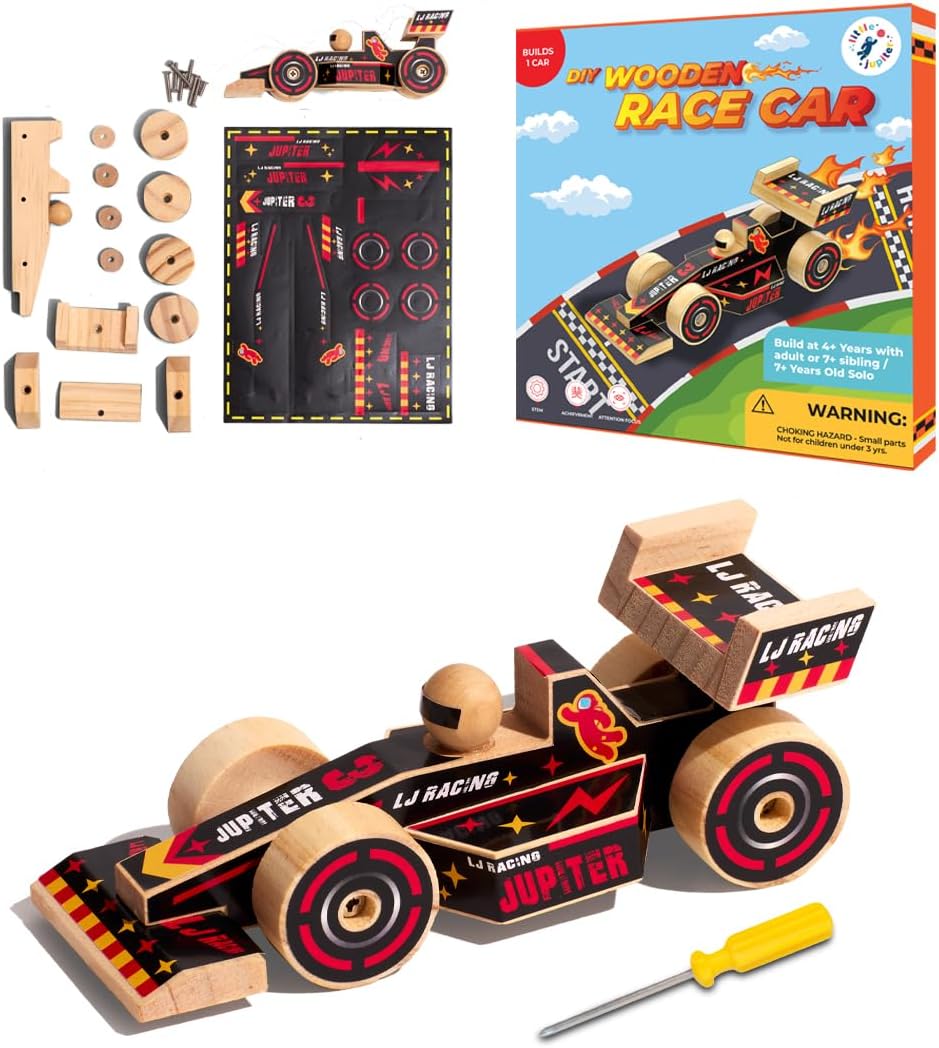 Little Jupiter DIY Wooden Kits w/Stickers, Kids Building Kit - Open Wheel Race Car