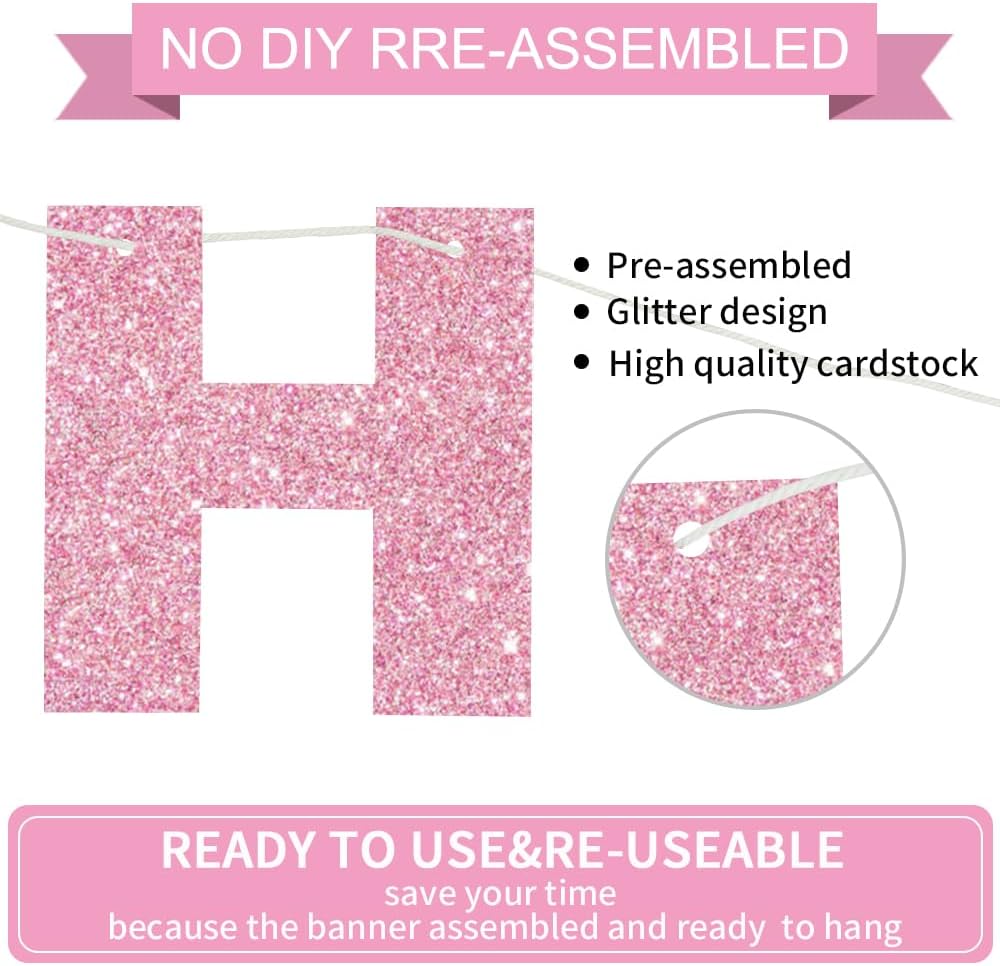 BEISHIDA Pre-Strung Glitter Pink Happy Birthday Banner Party Sign - Pink - image 2