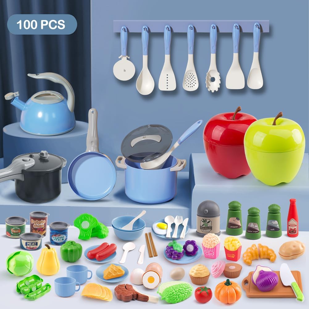 130Pcs Kitchen Playset, Toddler Pretend Cooking Play Pots, Pans - Blue / 100 Pcs - image 2