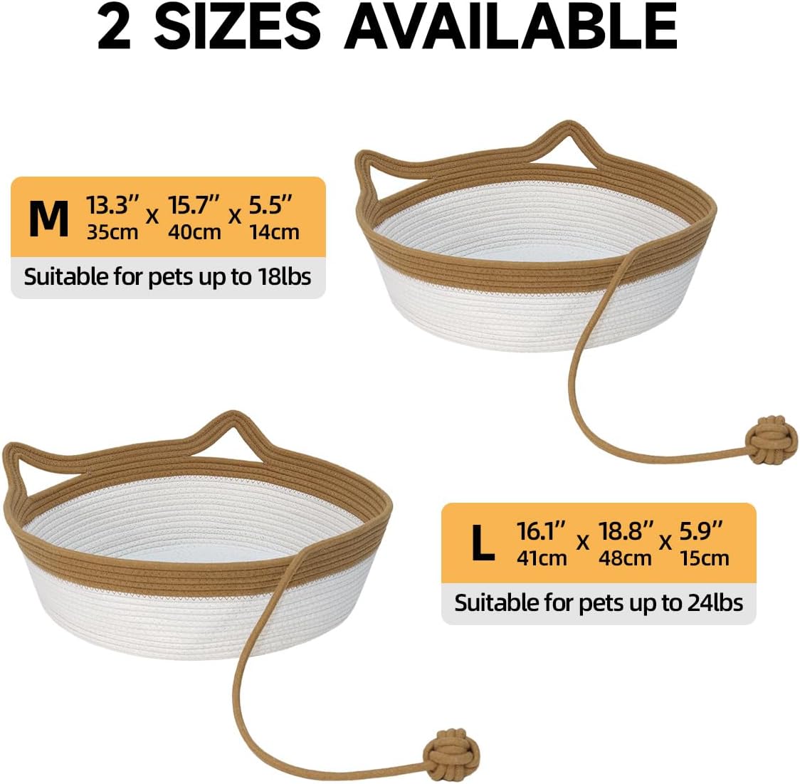 Stimulicat handwoven round cotton rope cat basket with cat ear handle and teaser ball - view 3