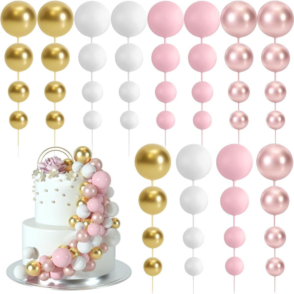 48 Pcs Balls Cake Topper Decorations Balloon Cupcake Toppers Foam - A12-rose Gold, Pink, White, Gold