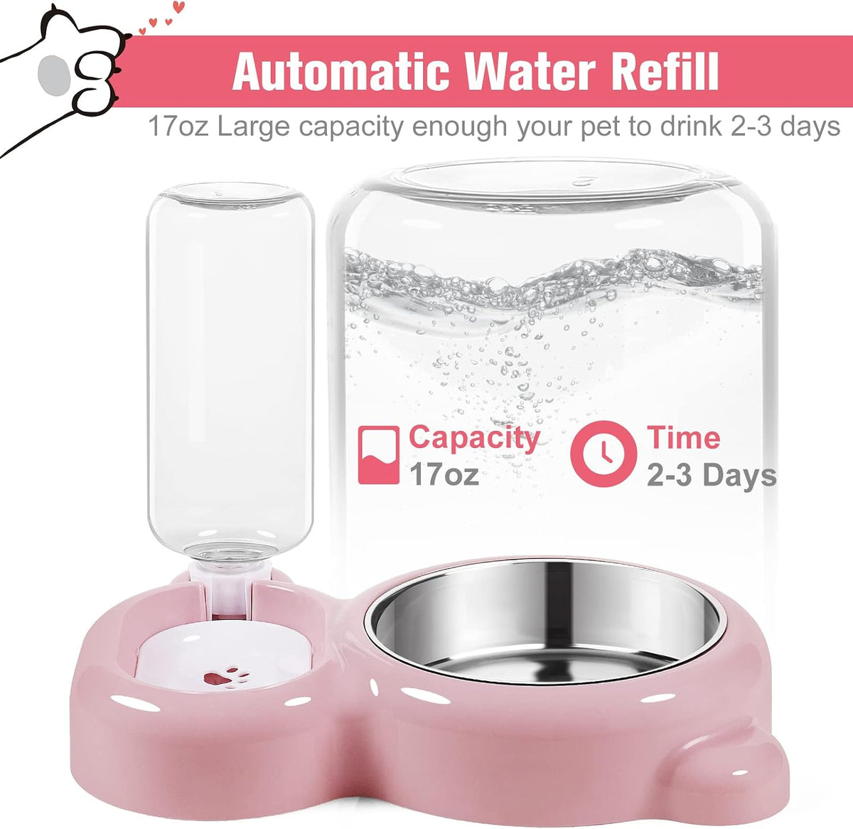 Cat food and water bowl set with 17 oz water dispenser and stainless-steel bowl - view 2