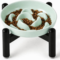 Melamine Slow Feeder Cat Bowls, Dishwasher Safe - Green + Metal Stand / 9"H