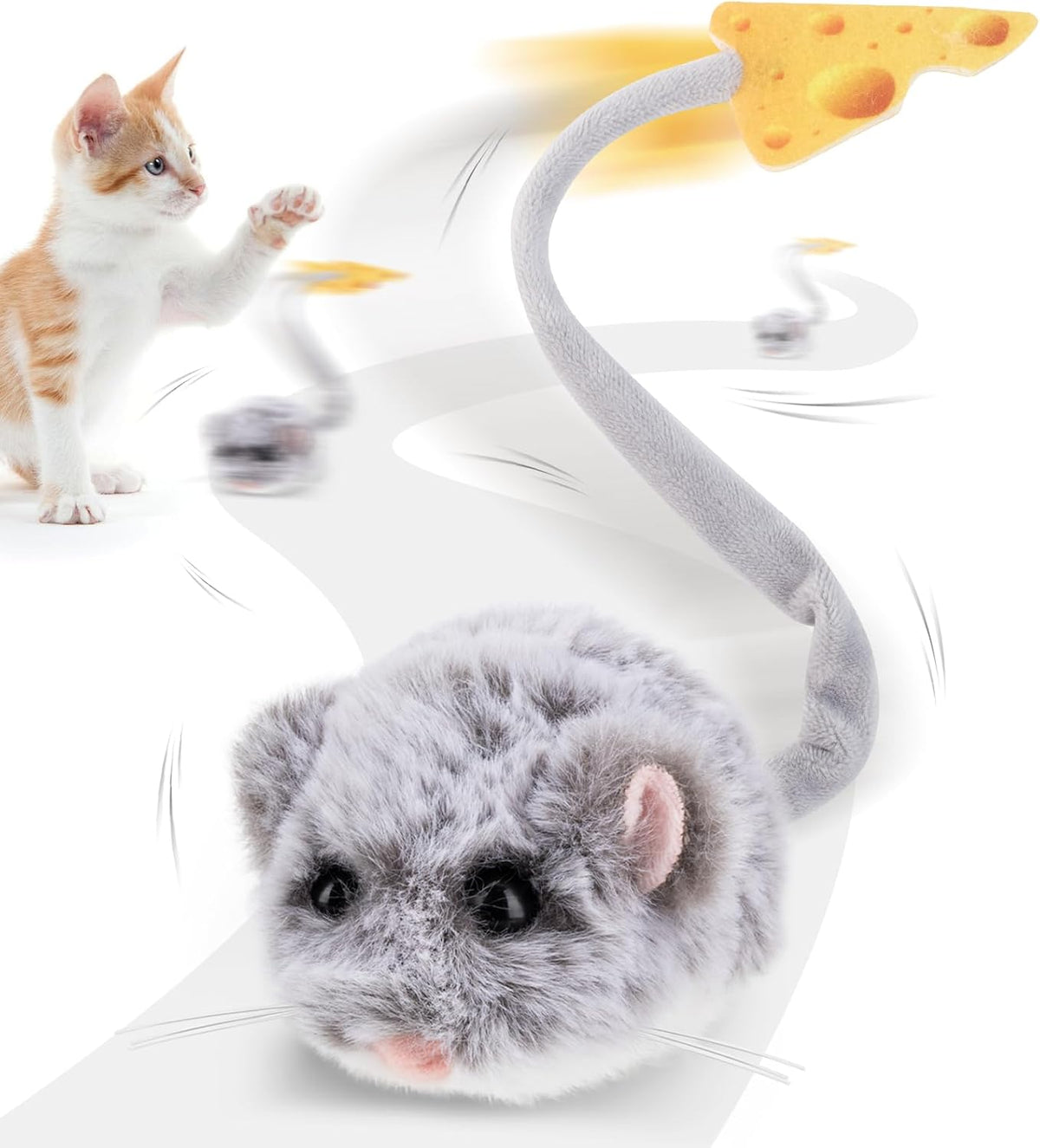 Migipaws Interactive MigiMouse Cat Toy 360° Rolling & Spin with Mesh - Long-Grey