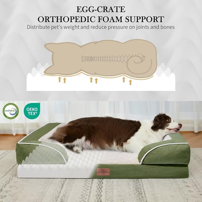 Comfort Expression Orthopedic Bolster Dog Beds Extra Large, XL Dog Beds Waterproof Dogs Beds, Washable Dogs Beds Sofa with Removable Cover & Non-Slip Bottom(X-Large,Light Green)