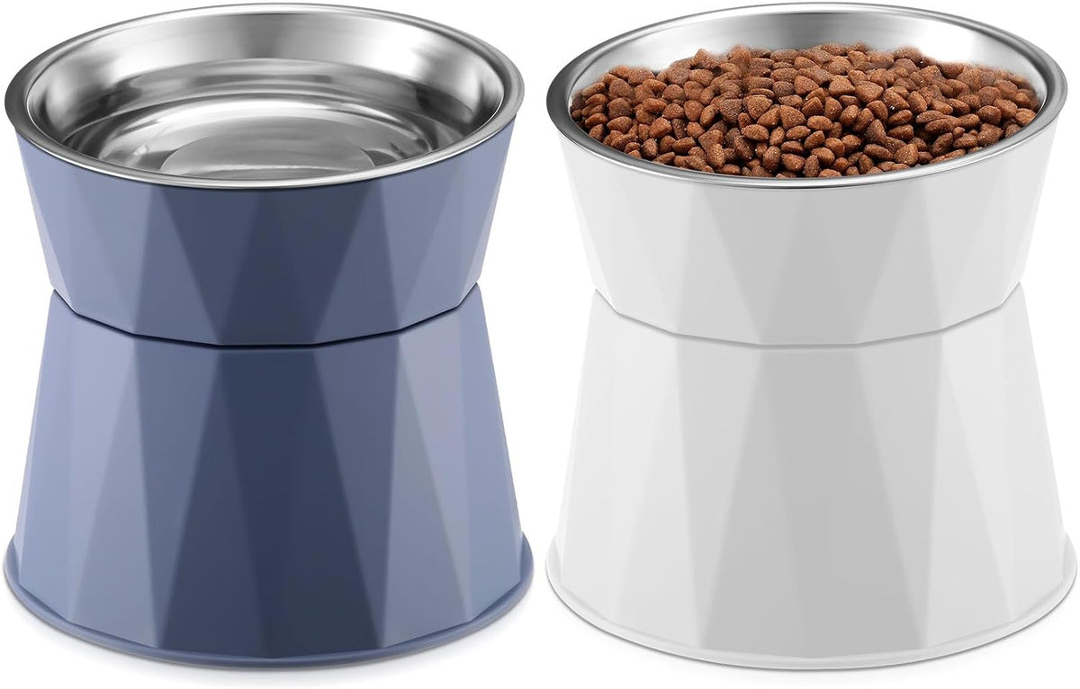 Lallisa 2 Pcs Elevated Cat Bowls, Adjustable Raised Feeder - Blue, White