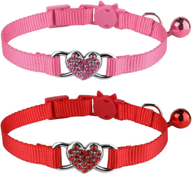 2 Pcs Cat Collars Heart Bling Breakaway with Bell Nylon Adjustable - Pink+Red