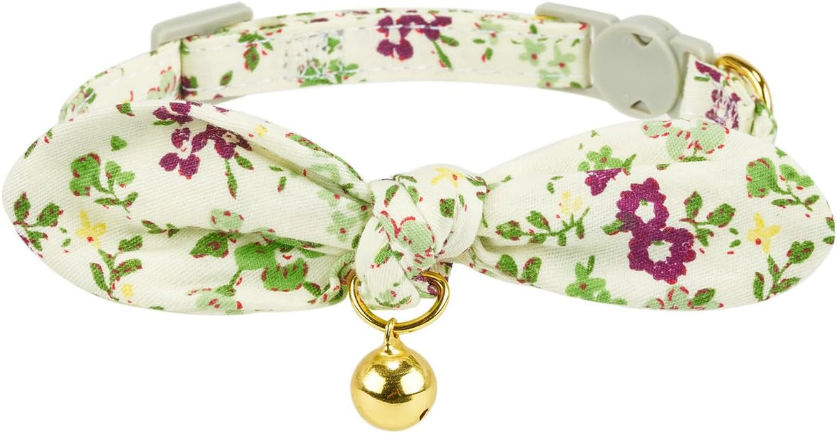 Cotton Bowtie Cat Collar with Bell 2 Pack Adjustable Breakaway Kitten - Floral Green+Plaid / 7.5-11.4 Inch (Pack of 2) - image 3