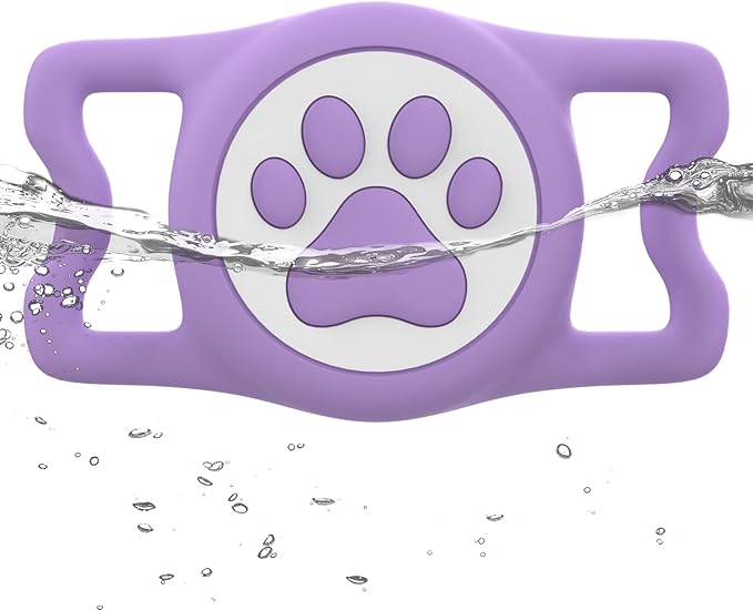 IP68 Waterpoof Dog Airtag Holder, Stretchy Silicone Full Body Covered Apple Air Tag Holder for Dog Cat Collar Fit All Width Collar (Purple, 1 Pack)