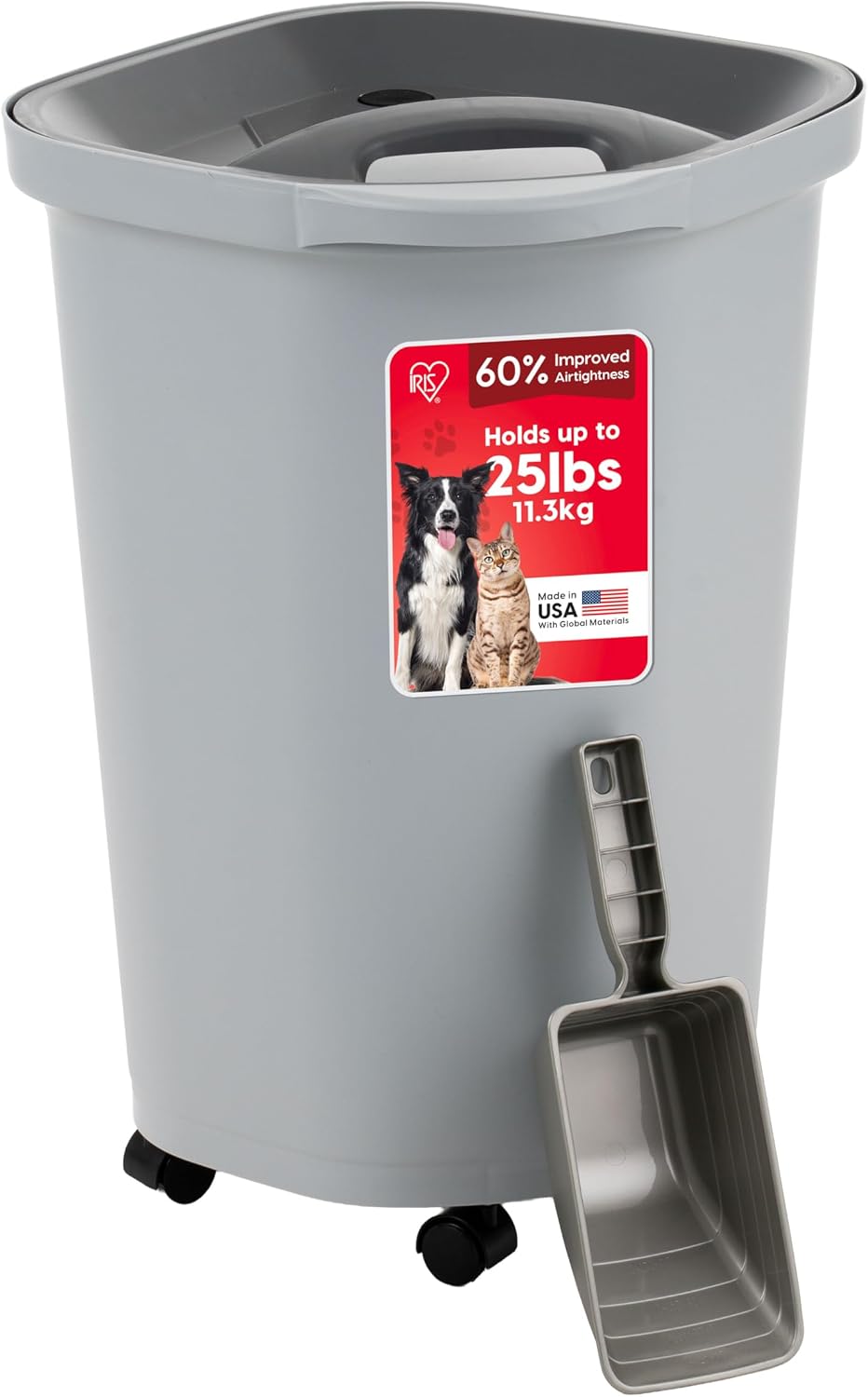 IRIS USA Airtight Pet Food Storage Rolling Container - 25 lbs / Gray/Dark Gray