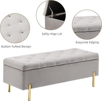Velvet Storage Bench Ottoman with Soft Close Lid, End of Bed Bench Upholstered Fabric Storage Ottoman Bench for Bedroom Entryway Living Room, Grey