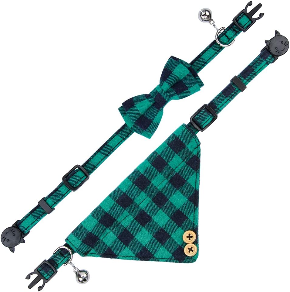 Faleela Breakaway Cat Collar with Bells - Green bow+bandana - image 3