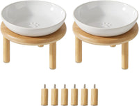Elevated Cat Bowls, Ceramic Cat Bowl with Bamboo Stand Wide Opening – Essentials for Cats - White / Paw x2 + Bamboo