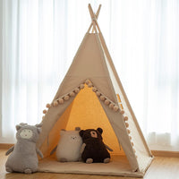 RONGFA cotton canvas kids teepee tent with pompom ball trim, floor mat and star light - view 11