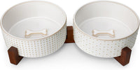 MALACASA Dog Bowl Set, Ceramic Bowls with Walnut Wood Stand - Rhombic+Polka Dots / 6 Cups