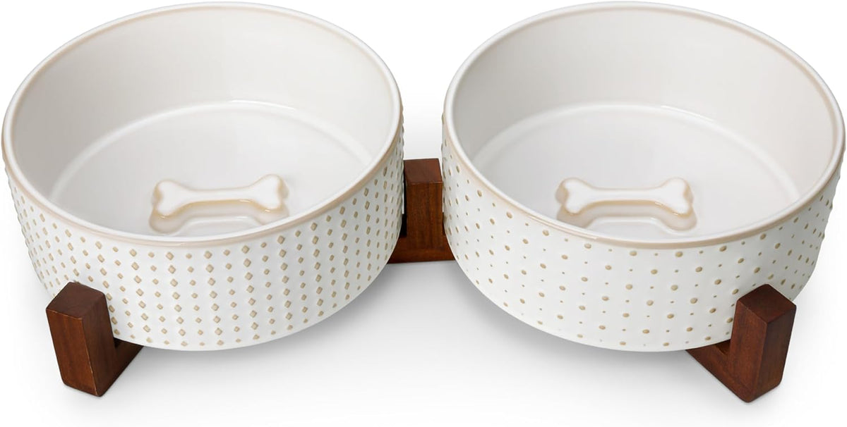 MALACASA Dog Bowl Set, Ceramic Bowls with Walnut Wood Stand - Rhombic+Polka Dots / 6 Cups