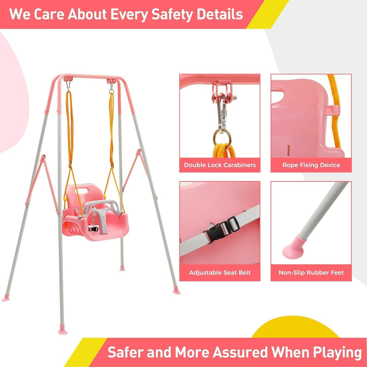 FUNLIO Toddler Swing with Foldable Metal Stand for Toddlers Aged 1~10 - Pink - image 4