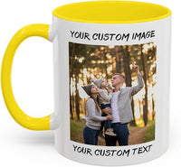 Personalized Coffee Cup with Photo, Logo or Text - Custom Both Sides Printed Mug for Him & Her - Unique Customized Gifts with Names - White/Yellow